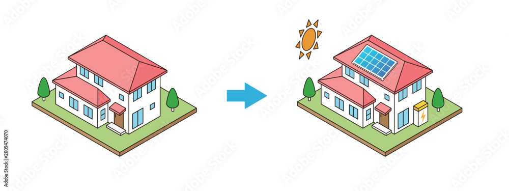 Fototapeta premium Solar Panel and Home Battery System Installation on House Isometric Illustration, Before and After Comparison, Renewable Energy Concept