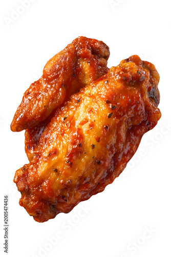 Buffalo chicken wings coated in glossy spicy sauce, crispy and juicy, isolated on white background.