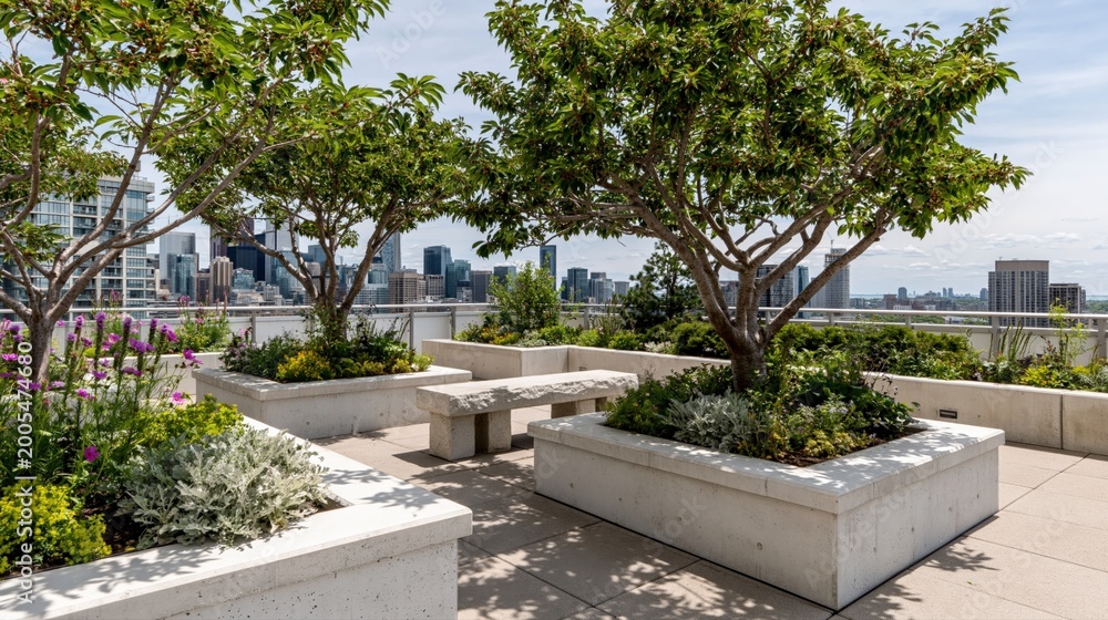 Fototapeta premium Lush Urban Rooftop Garden Oasis with Trees, Seating, and City Skyline View