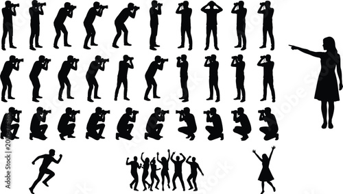 Quadro su tela Silhouette, collection, of, photographers, with, cameras, woman, pointing, man,