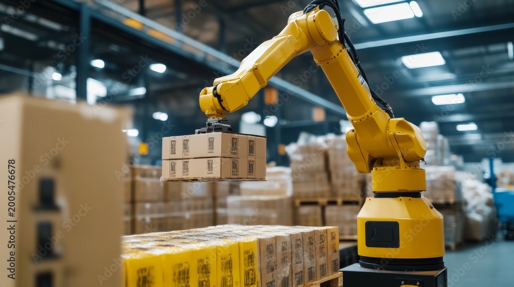 Fototapeta premium Automated robotic arm handling packages warehouse environment industrial machinery inside view efficient logistics process