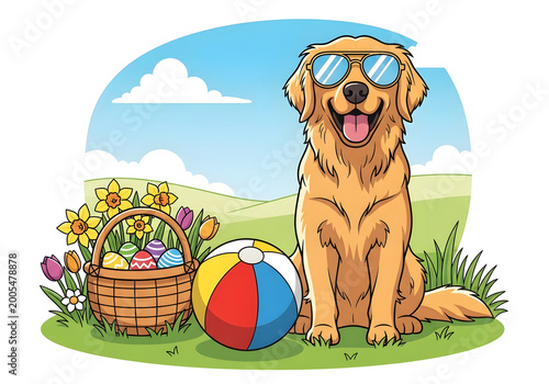 Cheerful Golden Retriever Dog Wearing Sunglasses with Colorful Easter Eggs and Beach Ball in a Spring Landscape
