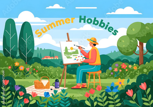 A Joyful Summer Day of Painting in the Countryside with Vibrant Greenery and Colorful Flowers