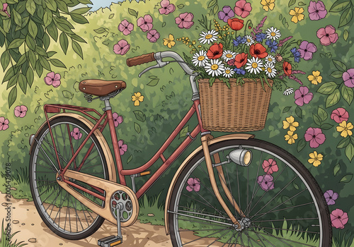 Vintage Bicycle with Flower Basket Surrounded by Colorful Garden