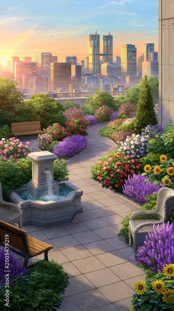 Naklejka premium Serene Rooftop Garden Oasis with Blooming Flowers and City Skyline at Sunset