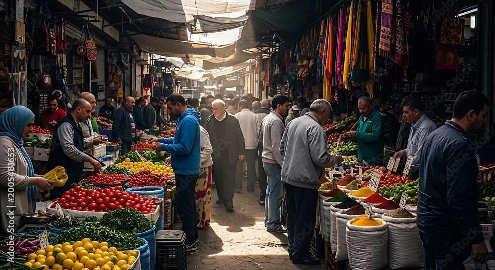 Obraz premium Vibrant marketplace scene with people shopping for fresh produce
