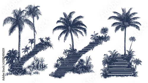 Silhouetted palm trees, stairways, and lush foliage in a minimalist, grayscale design