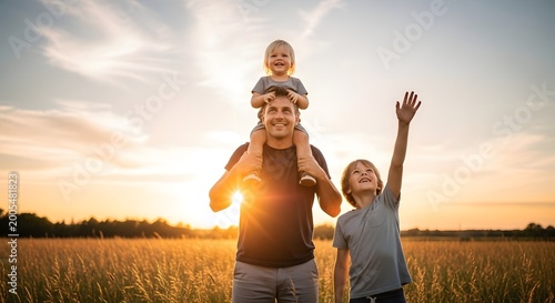 Celebrating happy father's day a loving family moment with dad and children in golden hour