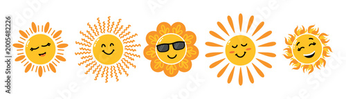 Cute sun emoji set with smiling faces sunglasses and playful expressions with decorative rays in bright yellow and orange colors isolated on light background
