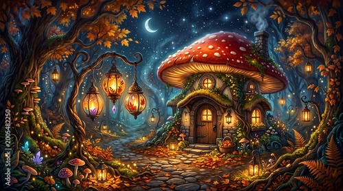 Naive Charm of a Magical Mushroom Home Illuminating an Enchanted Forest at Night, a Childlike Fantasy