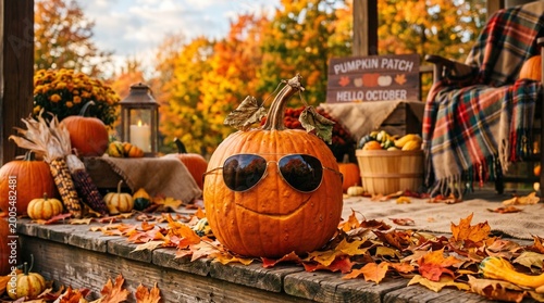 Autumn Decoration Halloween Pumpkin with Sunglasses on Fall Leaves Porch Decor