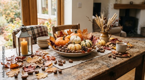 Cozy autumn ambiance with festive pumpkins and warm drinks, perfect for a relaxing harvest season gathering