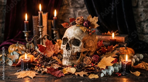 Gothic autumn display Skull, flickering candles, and vibrant fall leaves create a mysterious seasonal ambiance