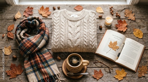 Cozy Autumn Flat Lay with Warm Sweater, Plaid Scarf, Coffee, and Book for Seasonal Comfort
