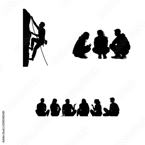 Black silhouettes of people engaged in outdoor activities, including rock climbing and a group sitting in a circle, representing teamwork and adventure.