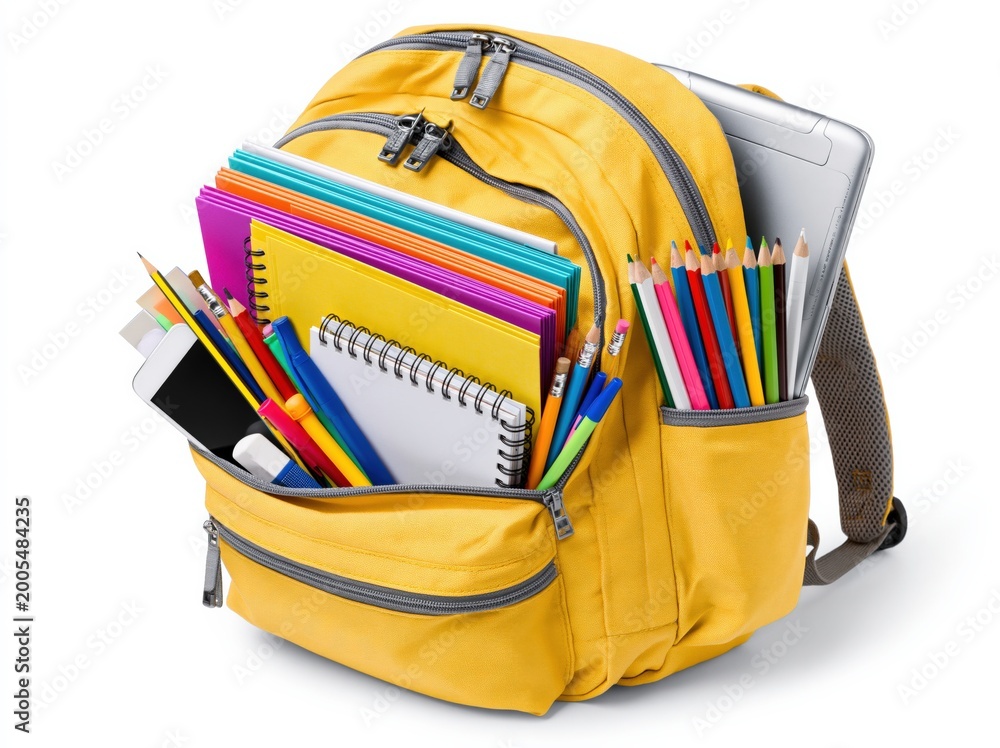 Fototapeta premium Bright yellow backpack filled with colorful school supplies and a laptop, ready for academic adventures
