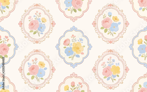 Coquette Seamless Floral Pattern, Hand-Drawn Pastel Roses in Decorative Frames,