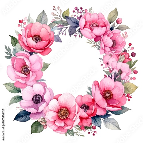 A beautiful floral wreath with pink flowers and green leaves