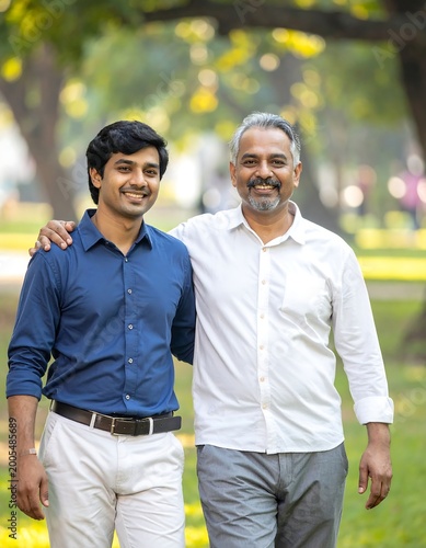 Happy father and son walking outdoors in a park