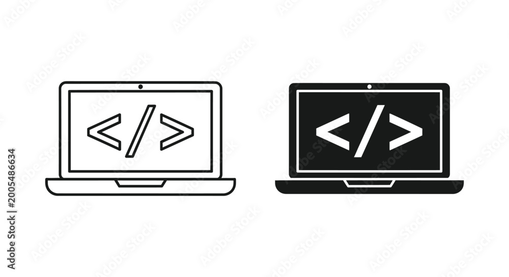 Obraz premium Professional laptop icons featuring programming code brackets on the screen, ideal for web development, software engineering, and modern digital technology interface design projects.