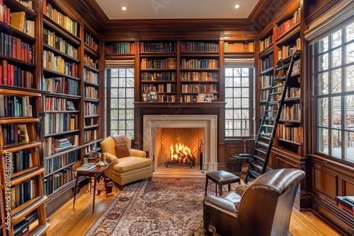 Intimate wood-paneled library with a roaring fireplace, leather armchairs, and floor-to-ceiling bookshelves, epitomizing timeless elegance