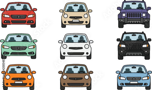 Fotografie Car front view set various vehicles compact cars and SUV lineup cartoon vector i