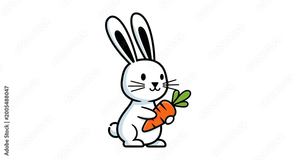 Fototapeta premium Cute cartoon bunny rabbit holding a fresh orange carrot in its paws, isolated on a white background
