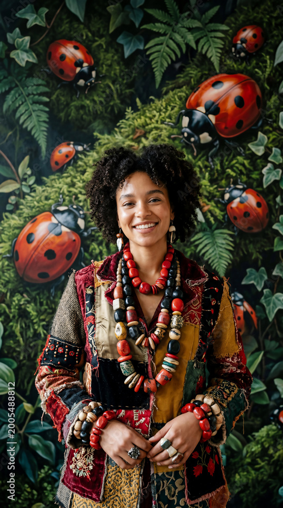 Fototapeta premium Smiling African American Woman In Eclectic Boho Patchwork Jacket And Chunky Red Bead Necklace Standing Against Surreal Giant Ladybug Forest Backdrop