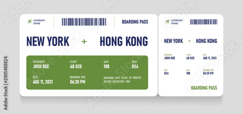 Air plane ticket template. Realistic airline ticket design with passenger name. Plane ticket vector template or airline boarding pass ticket isolated. Airline flight pass concept.