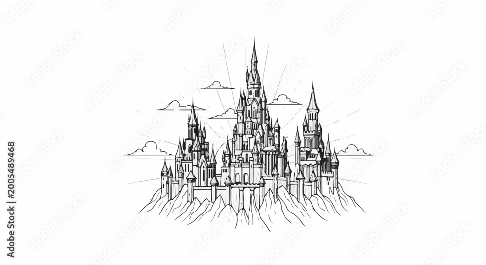 Fototapeta premium Fantasy castle with spires and pointed roofs atop rocky terrain