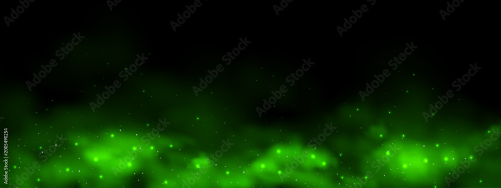 Obraz premium Green smell cloud with magic sparkle and gas background. Glow and smelly haze with glitter for spooky chemical overlay. Nebula realistic steam bottom flow. Dirty chemistry paint fog transparent.