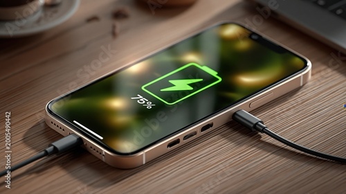 Modern smartphone charging with a cable on a wooden desk, battery icon showing 75% charge