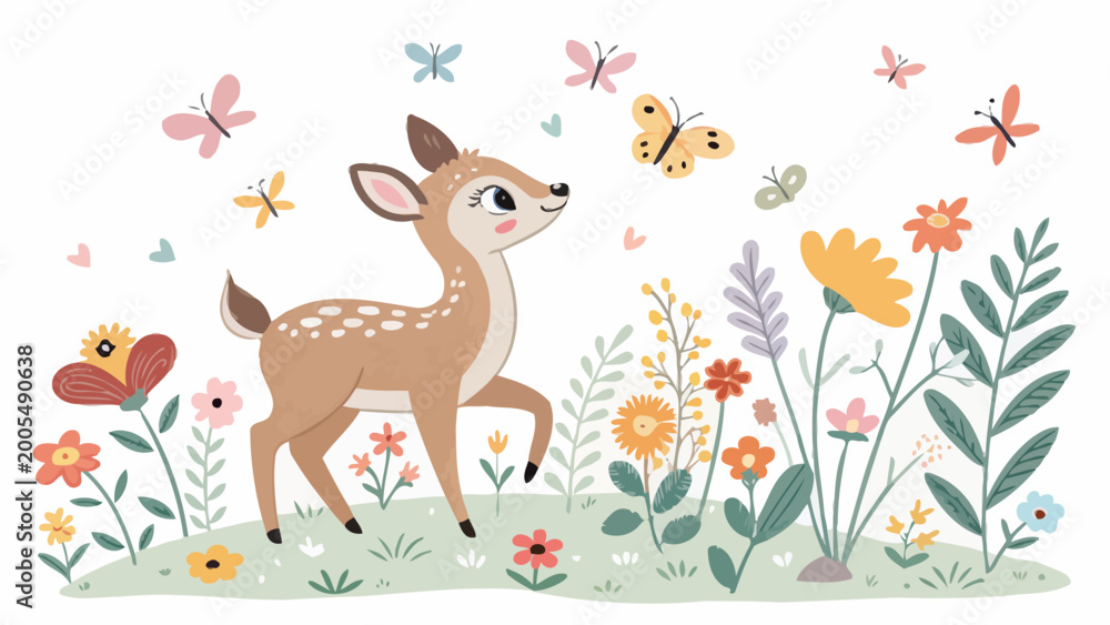Obraz premium Cute cartoon deer standing in a field of colorful flowers and butterflies