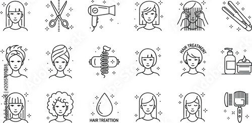 Konstfotografi Hair care and styling icons vector set with women hairstyles tools treatment sym