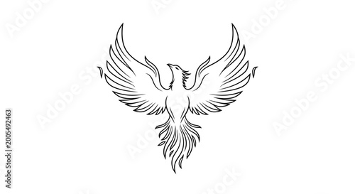 Tableau sur toile Stylized phoenix bird illustration with open wings, black outline on white