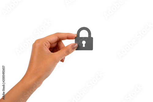 Female Hand Holding Lock Icon Isolated on White Background – Security, Privacy , Data Protection Concept,Cyber Security, Safe Data, Digital Protection Concept,Privacy Protection  Information Security