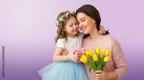 Young mother Mother's Day receiving gift and flowers from little daughter on purple backdrop
