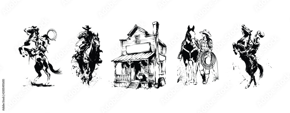 Obraz premium Wild West Illustration Set - Cowboys Riding Horses, Western Saloon, Cowgirl and Horse Ink Sketches