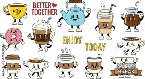 Cute coffee cups and desserts characters vector set with funny faces, motivational quotes, donut and beverage illustrations in playful cartoon style design