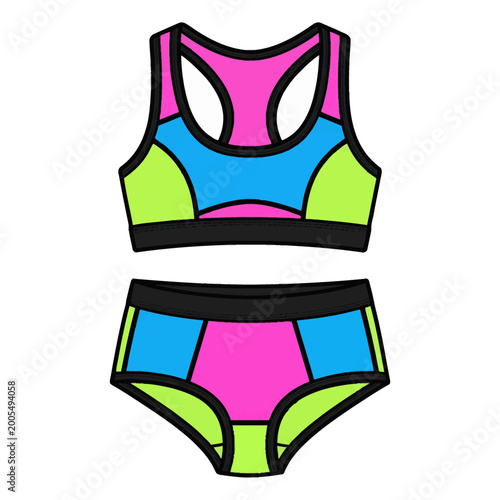 Vector Sportswear Illustration of Bikini Set with Bright Color Blocks in Modern Minimalist Style