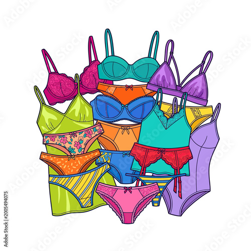 Vector Illustration of Colorful Women's Lingerie Collection in Modern Style for Fashion Apparel Design