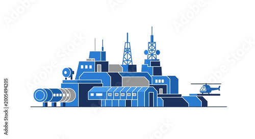 Photos Futuristic blue flat illustration of an industrial base or factory complex