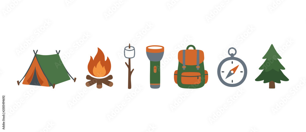 Fototapeta premium Camping icons set with tent, campfire, backpack and compass for hiking outdoor adventure travel. Flat vector illustrations of summer nature trip equipment and tools on a white background for web desig