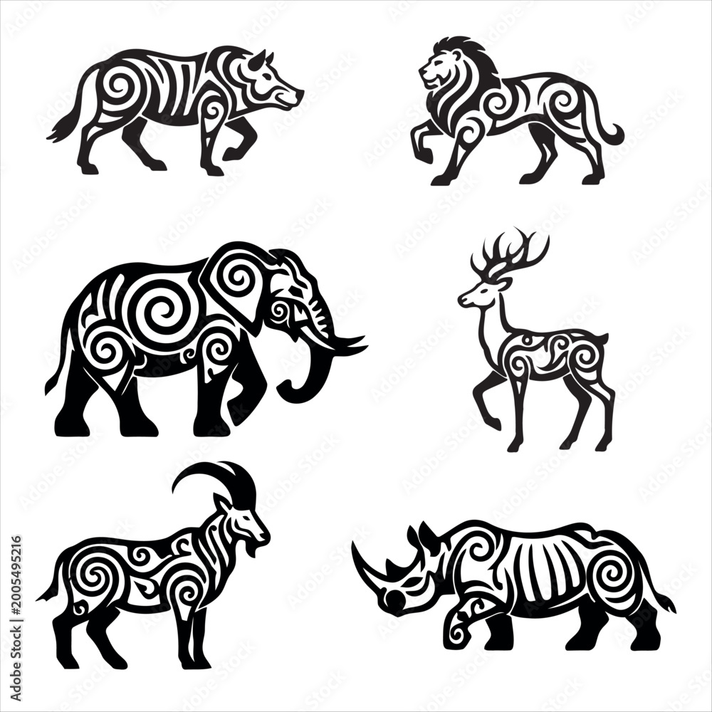 Obraz premium Six stylized animal silhouettes with ornate swirl patterns with elegant black filigree swirl motifs including boar, lion, elephant, deer, and rhino as isolated silhouettes for decorative print design 