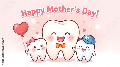 Happy mothers Mother's Day day with cute cartoon teeth family celebrating holiday