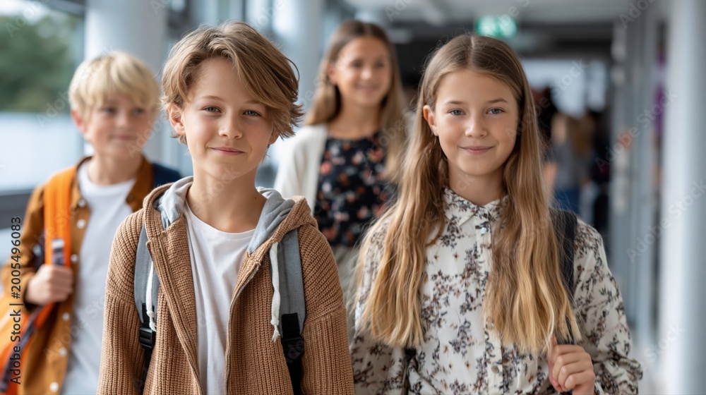 Fototapeta premium Diverse group of smiling school children walking in a bright modern hallway with backpacks, ready for learning