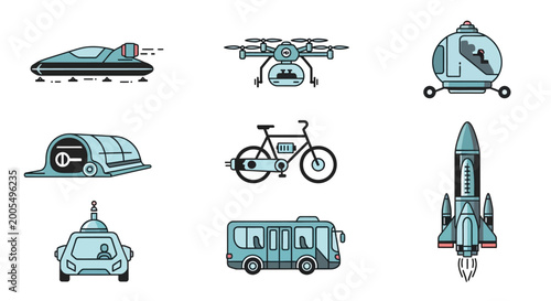 Collection of modern and futuristic transportation vehicles icons