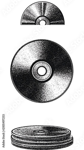 A black and white illustration of stacked CDs in various orientations