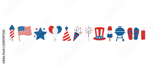 Fotografie 4th of July Celebration Elements Icon Set, Independence Day Patriotic Decoration