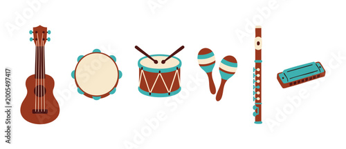 Foto Musical instruments collection flat icons: ukulele, tambourine, drum, maracas, f